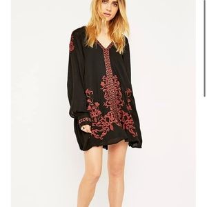 Free People Hearts in heaven black embroidered long sleeve mini boho dress xs